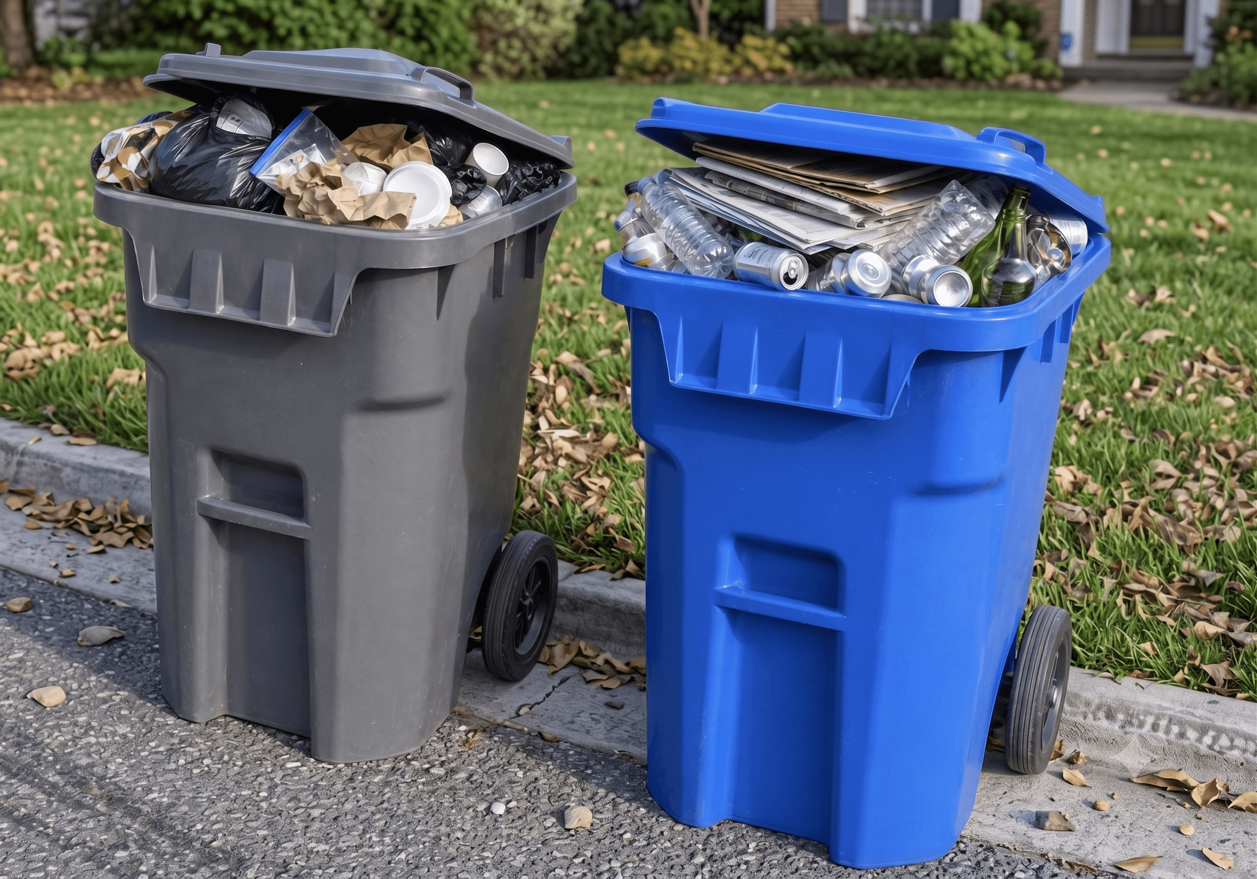 Trash and recycling bins placed at the curb, ready for collection